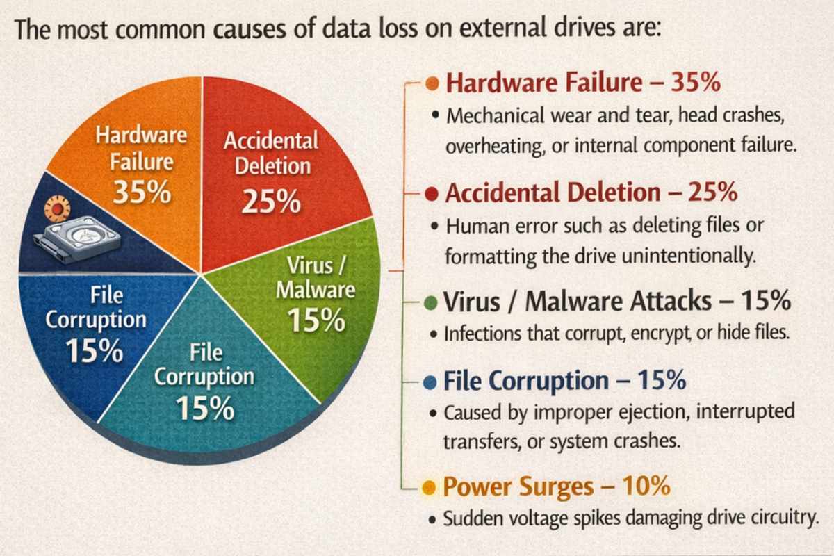How to Recover Data from External Drive Losing data from an external drive can be stressful — whether it’s personal photos, office files, or business backups. The good news is that in many cases, data can be recovered using the right tools or professional services. Below is a complete guide covering recovery services, tools, comparisons, causes, prevention tips, backup strategies, and FAQs. Data Recovery Services When software recovery doesn’t work (especially in physical damage cases), professional data recovery services are the safest option. Types of Data Recovery Services Service Type Description Best For Success Rate Cost Range In-Lab Recovery Cleanroom recovery by hardware specialists Physically damaged drives Very High $300 – $2000 Remote Recovery Technician connects remotely to recover files Logical errors, accidental deletion Moderate to High $100 – $500 Emergency Recovery Priority service (24–48 hours) Business-critical data High $800 – $3000 On-Site Recovery Technician visits your location Corporate servers & RAID High Custom Pricing Data Recovery Pricing Overview Recovery Complexity Problem Type Estimated Cost Time Required Basic Deleted files, formatted drive $100 – $400 1–3 days Moderate Corrupted partitions, OS errors $300 – $800 2–5 days Advanced Firmware damage, bad sectors $800 – $1500 5–10 days Severe Water/fire damage, head crash $1500+ 7–14 days Comparisons Between External Drives Feature HDD SSD USB Flash Drive Portable HDD Speed Moderate Very Fast Variable Moderate Durability Medium High (no moving parts) Medium Medium Lifespan 3–5 years 5–10 years 2–5 years 3–5 years Storage Capacity Very High High Low–Medium High Cost per GB Low Higher Moderate Low Best For Bulk storage Fast backups & editing Portability Travel storage Tools to Recover Data from an External Drive Here are trusted recovery tools: • Recuva – Good for simple deleted file recovery • EaseUS Data Recovery Wizard – User-friendly with deep scan • Disk Drill – Advanced recovery & partition recovery • Wondershare Recoverit – Strong recovery for media files • TestDisk – Open-source partition recovery tool • PhotoRec – File carving tool for damaged drives Common Causes of Data Loss on External Drives Below is the breakdown (as shown in the pie chart): • Hardware Failure – 35% • Accidental Deletion – 25% • Virus/Malware – 15% • File Corruption – 15% • Power Surges – 10% These issues can result from improper ejection, aging drives, malware attacks, or sudden shutdowns. Preventing Future Data Loss on External Drives To reduce risks: • Always eject the drive safely • Avoid unplugging during file transfer • Use a surge protector • Keep the drive away from moisture • Run antivirus scans regularly • Monitor drive health (SMART status) • Avoid physical shocks and drops Backup Strategies to Protect Your External Drive Data Based on the graph strategy comparison: 1. Local Backup • Backup to another external drive • Fast recovery • No internet needed 2. Cloud Backup • Services like Google Drive, Dropbox • Off-site protection • Automatic syncing 3. Hybrid Backup (Recommended) • Combination of local + cloud • Highest protection level • Ideal for businesses & professionals Best Practice: Follow the 3-2-1 Rule 3 copies of data 2 different storage types 1 offsite backup Frequently Asked Questions (FAQs) 1. Can deleted files be recovered? Yes, if they haven’t been overwritten. 2. How long does recovery take? From a few minutes (software) to 2 weeks (physical damage). 3. Is data recovery guaranteed? No, success depends on damage severity. 4. Can a dead external drive be fixed? Logical issues can be fixed; physical damage requires experts. 5. What if my drive is not recognized? Try another USB port/cable, check Disk Management, or use recovery soft
